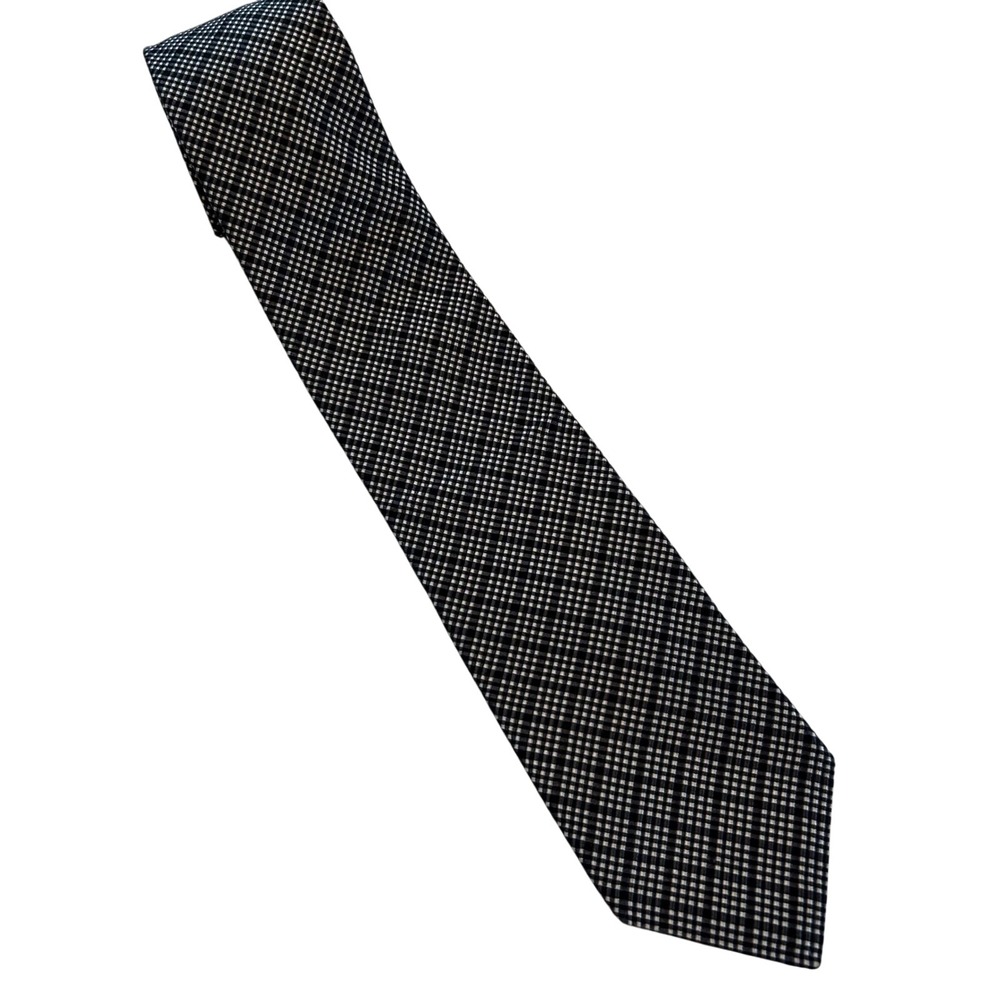 Saks Fifth Avenue Mens Tie Black White Gingham Pattern Silk Blend Formal Necktie